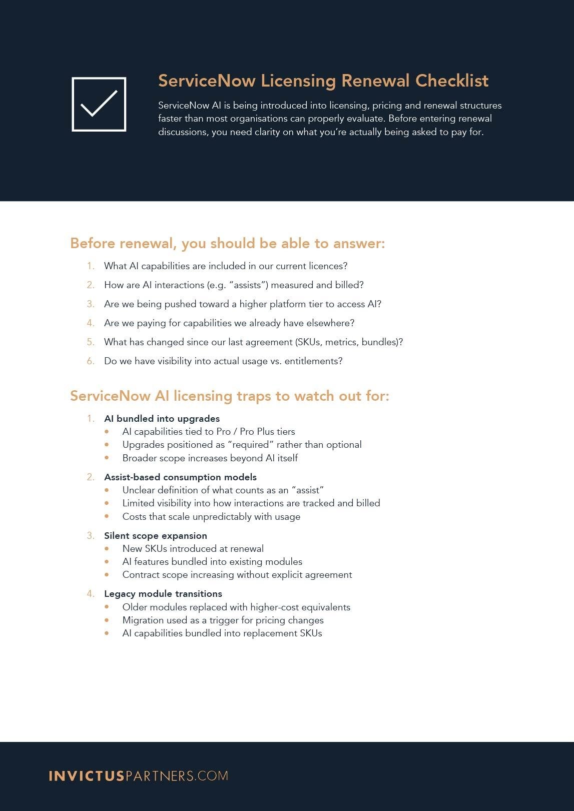 Invictus Partners ServiceNow Licensing Renewal Checklist